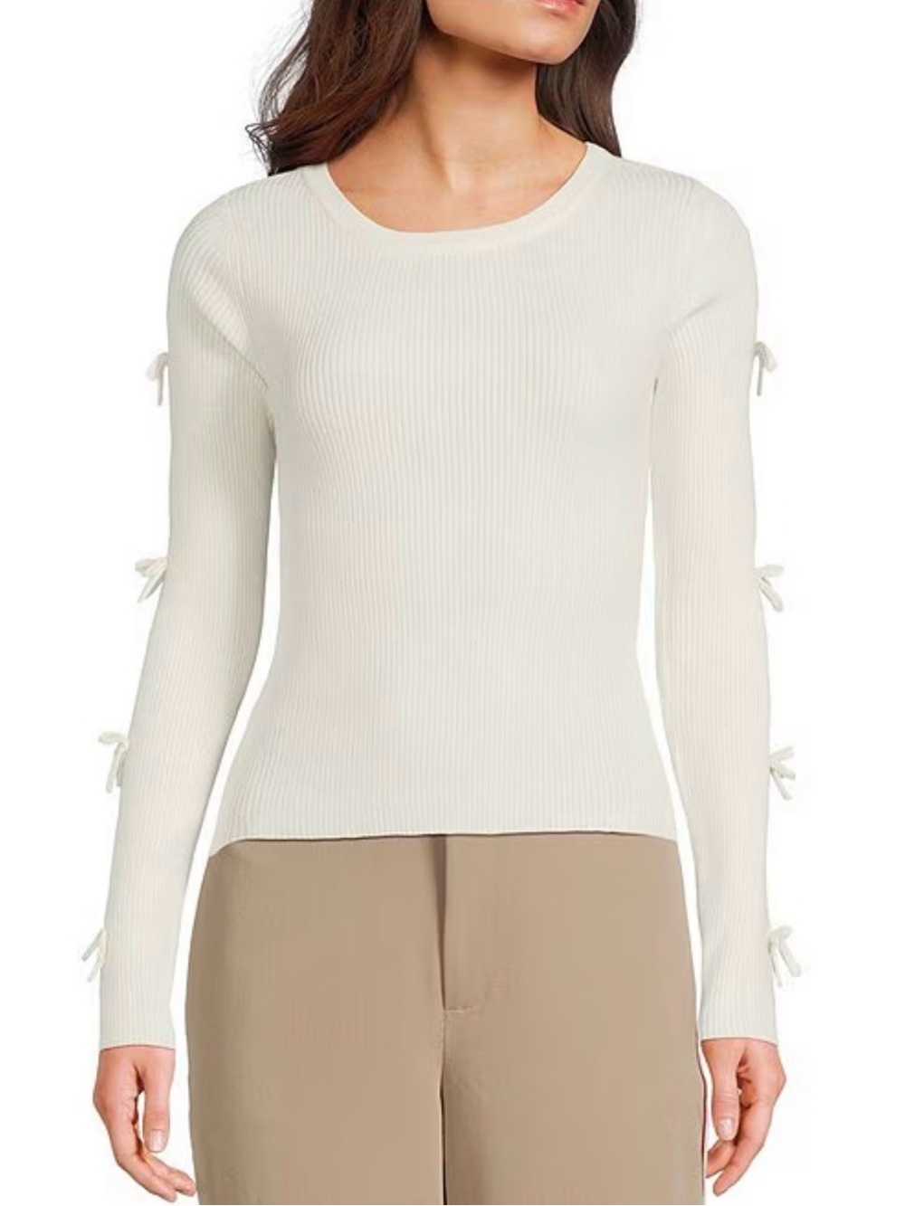 Cream Ribbed Crewneck Sweater with Sleeve Bows